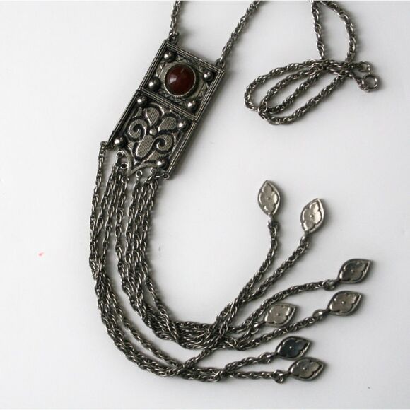 Vintage ACCESSOCRAFT Red Stone  Silver Fringe Statement Necklace Etruscan - Picture 2 of 10